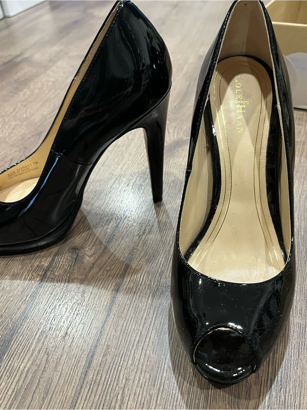 Cole Haan Black Patent Peep-Toe Stiletto Heels